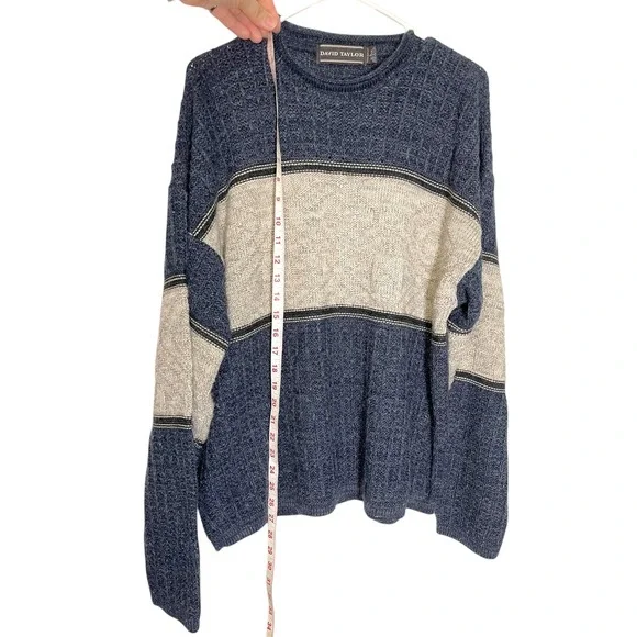David Taylor Large Blue Cream Knit Sweater Colorblock Geometric Grandpa Core - Picture 8 of 9